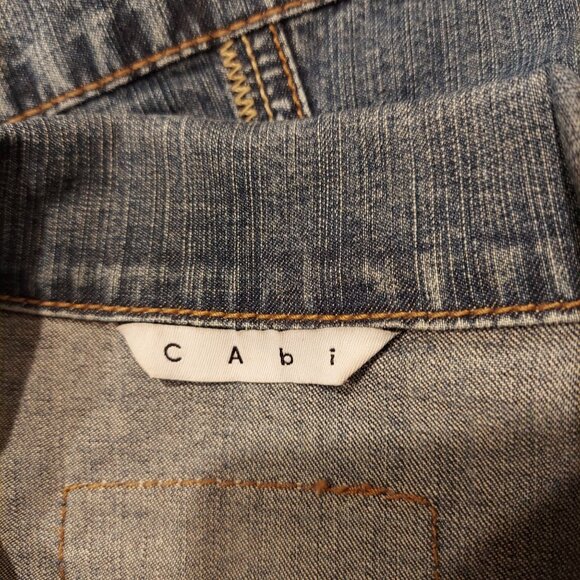 Cabi Jean jacket womens M Blue Denim Logo cropped Long sleeves waist tabs beachy - Picture 10 of 13